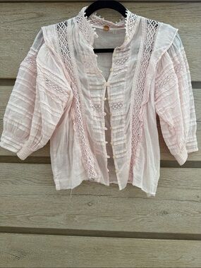 Free People Light Pink Feminine Puff Sleeve Women's Raw Hem Boho Western Blouse